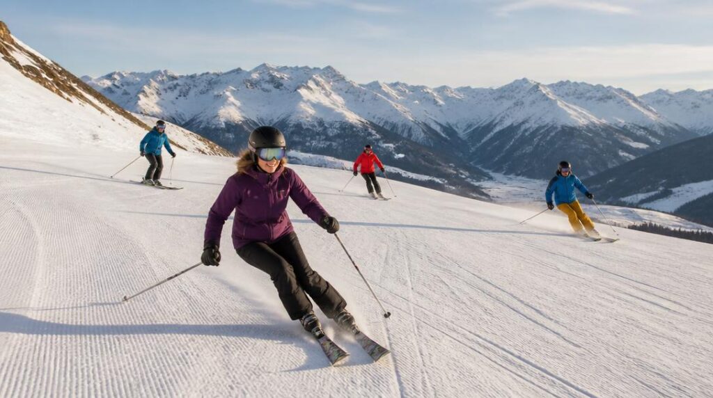 Skieurs sur une piste ensoleillée du Valais