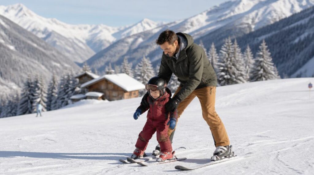 Parent et enfant sur une piste facile enneigée