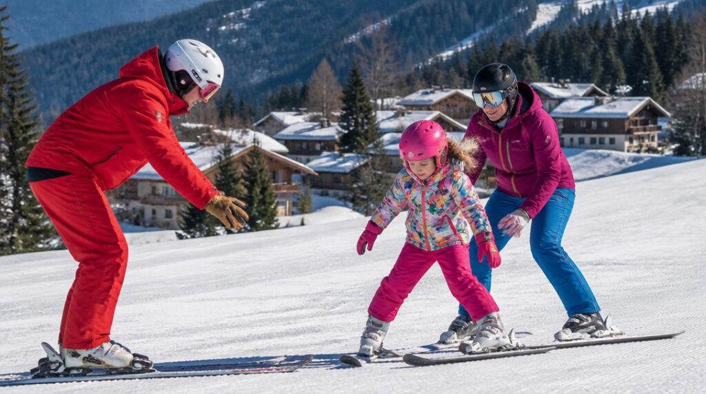 Ski en famille sur pistes faciles de montagne