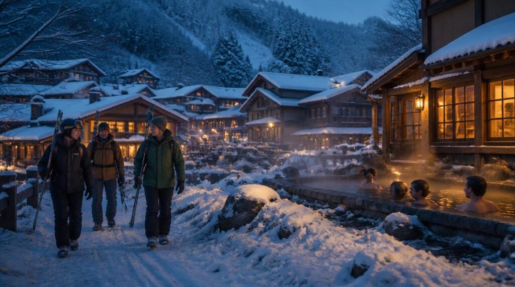 Village de montagne avec onsen après le ski