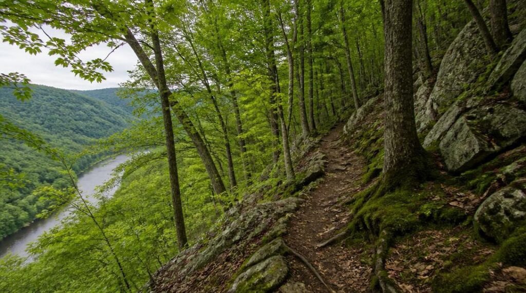 Sentier technique dans une vallée boisée de trail