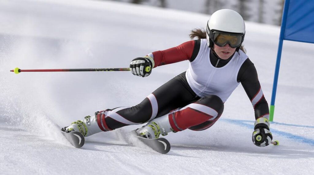 Skieuse en slalom géant sur piste de compétition