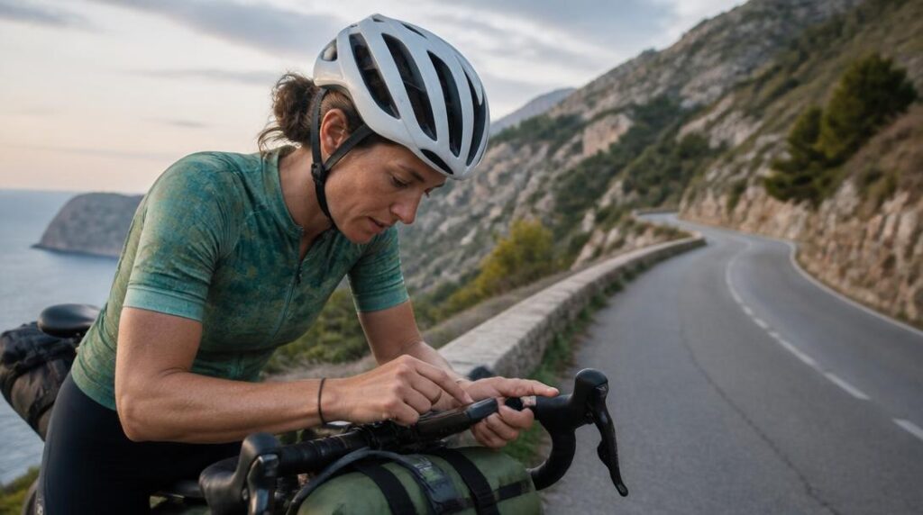 Cycliste suivant une trace GPX sur route montagneuse