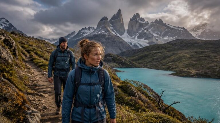 Randonneurs sur un trek en Patagonie face aux sommets