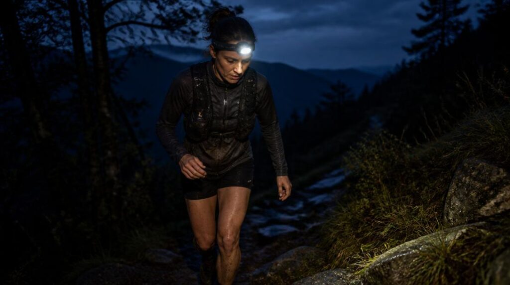 Coureur de nuit sur un parcours ultra-trail