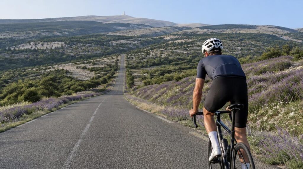 Cycliste sur un versant progressif en montagne