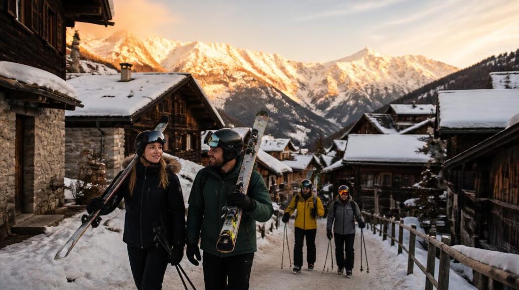 Skieurs dans un village alpin authentique enneigé