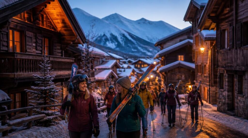 Village de montagne enneigé après une journée de ski