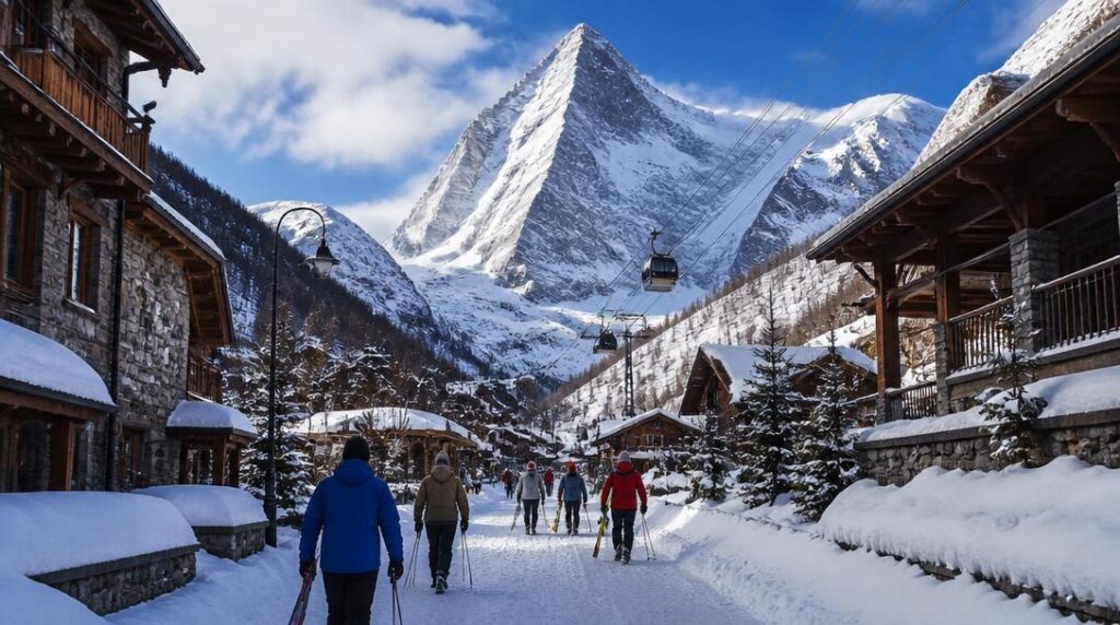 Village piétonnier enneigé près d'un glacier
