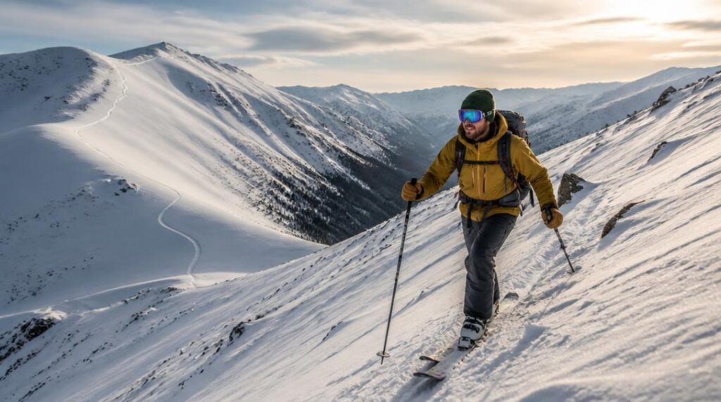 Skieur en randonnée avec skis polyvalents