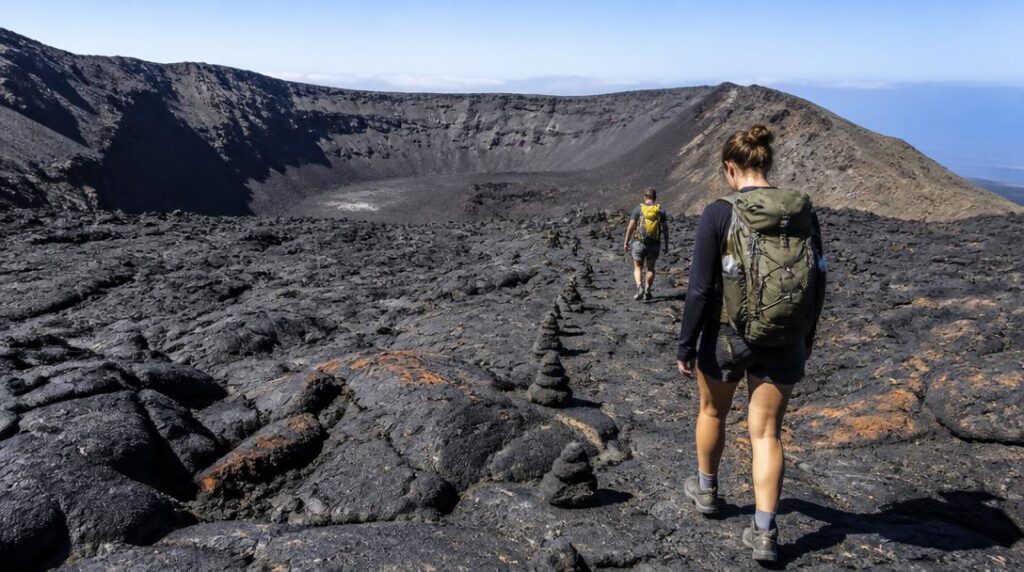 Randonneurs sur sentier de lave vers un cratère