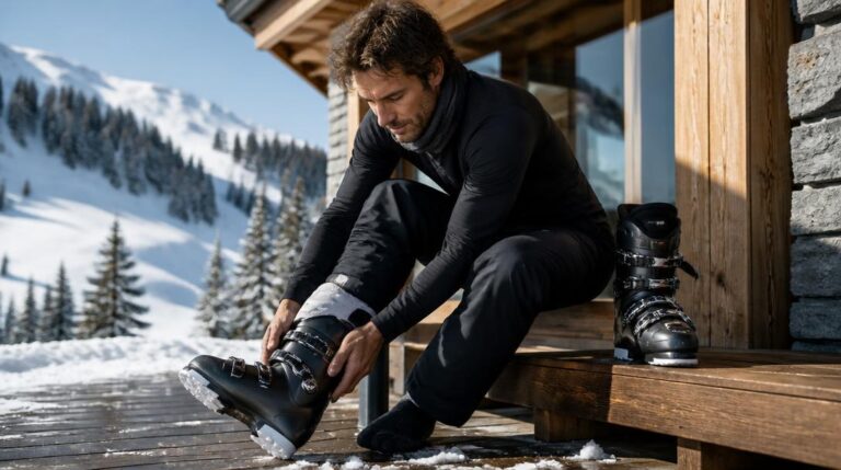 Skieur ajustant ses chaussures de ski homme