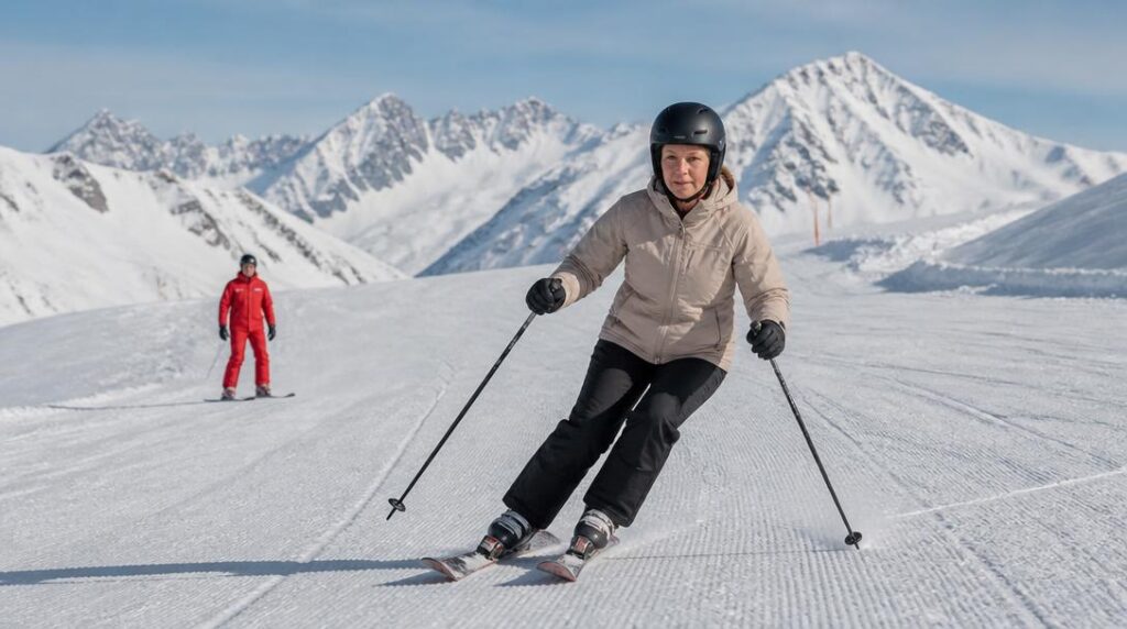 Débutant en virage avec skis courts sur piste bleue