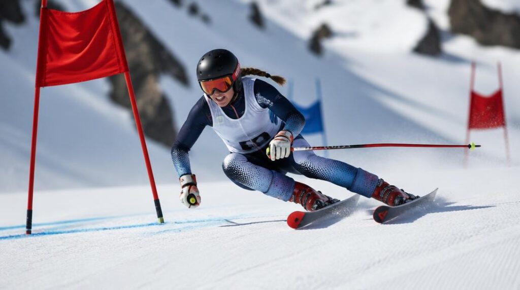 Skieur de Super-G franchissant une porte sur neige dure