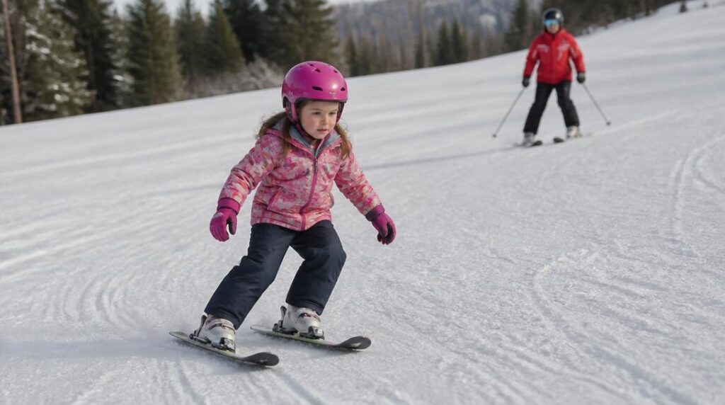 Enfant débutant en virage sur piste douce
