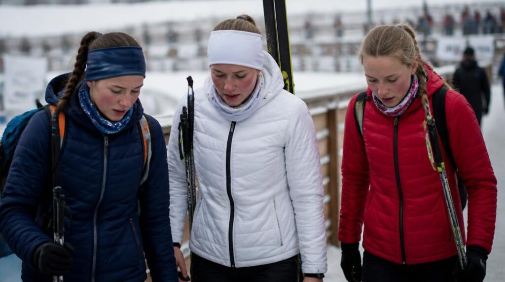 Athlètes aux couleurs tricolores après une épreuve hivernale
