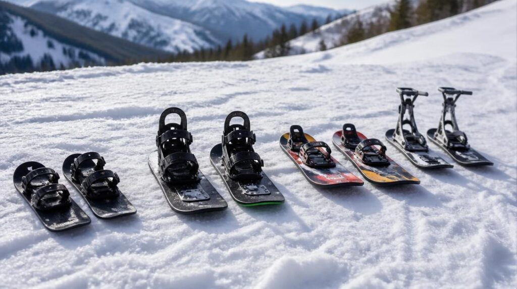 Différents formats de skis courts posés sur la neige