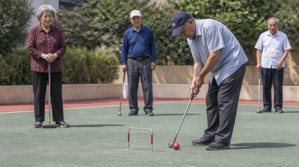 Joueurs de gateball visant une porte