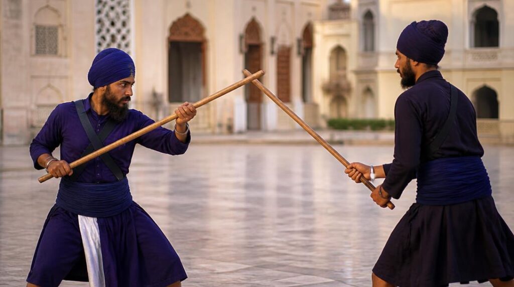 Pratiquants de Gatka avec bâtons d'entraînement