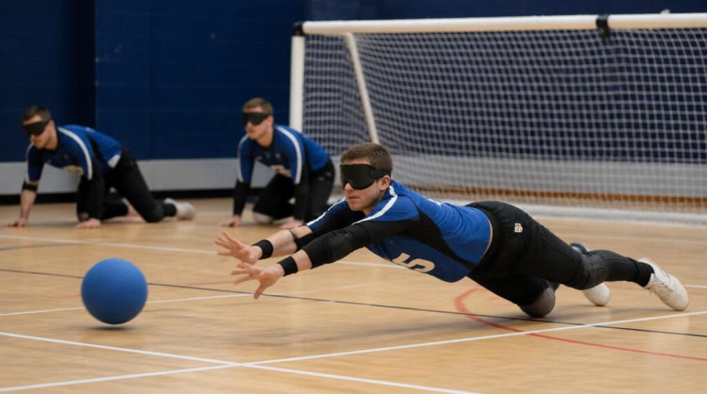 Joueurs de goalball sur terrain indoor