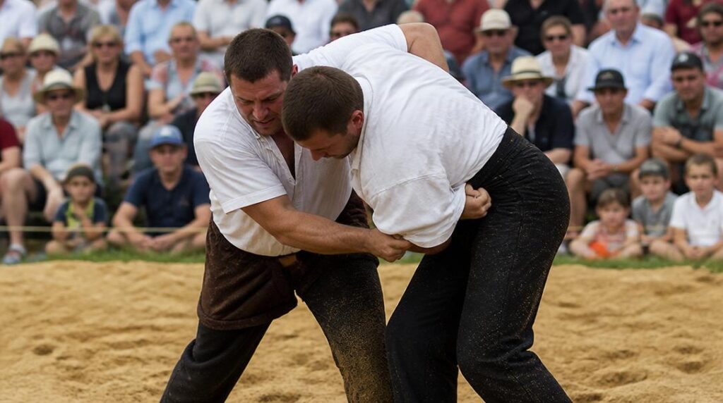 Lutteurs pratiquant le gouren sur sable