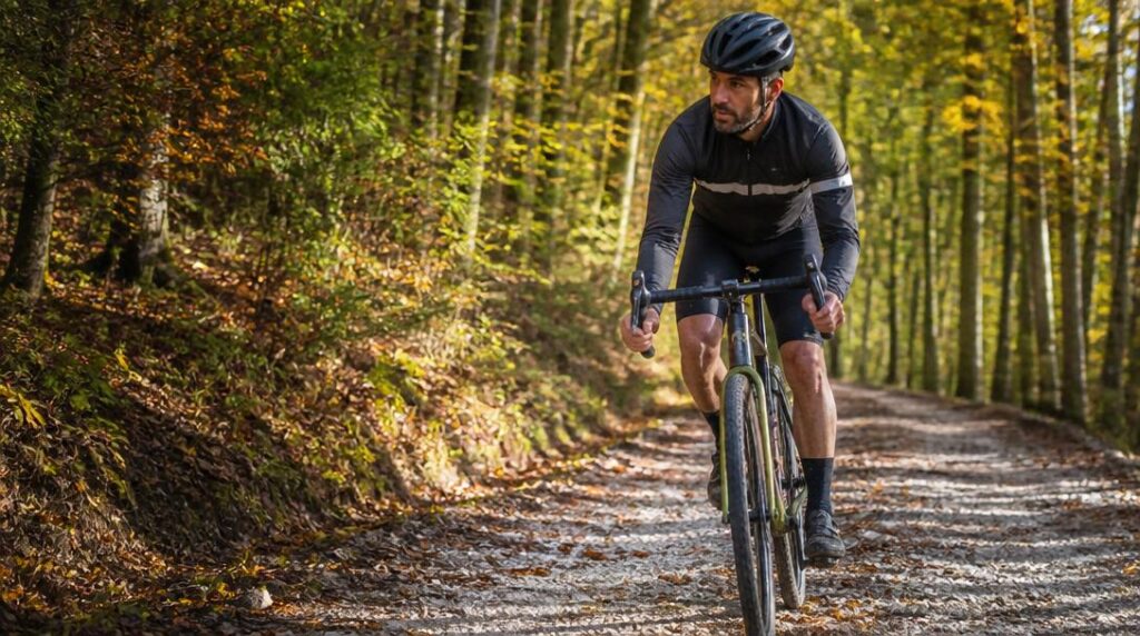 Cycliste gravel sur chemin forestier