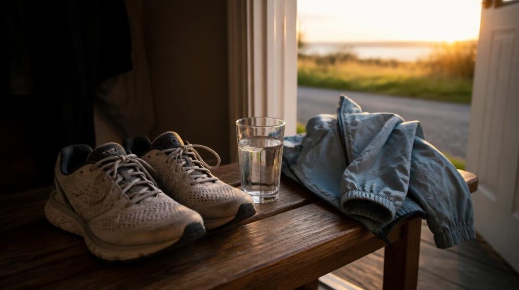 Verre d'eau et chaussures avant un running à jeun