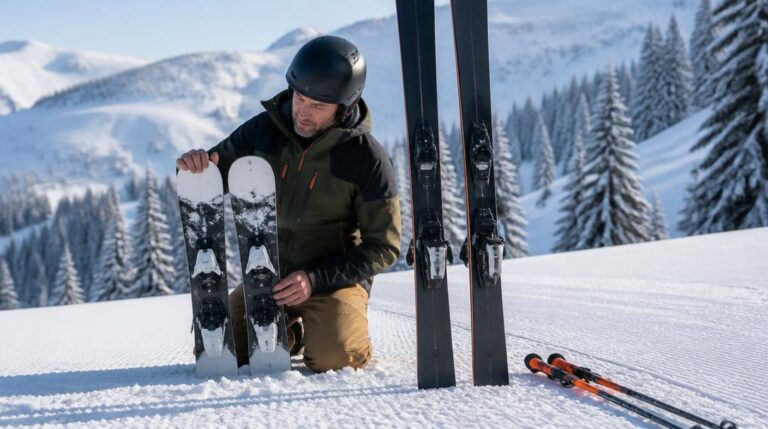 Skieur comparant un mini ski sur piste enneigée
