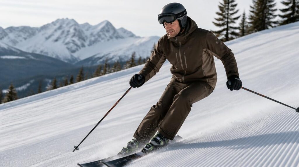 Skieur de piste en position stable dans un virage