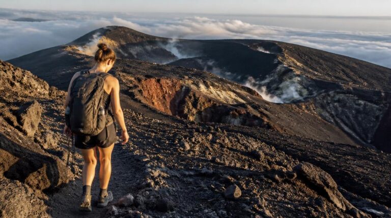 Randonneur sur sentier volcanique aux paysages lunaires