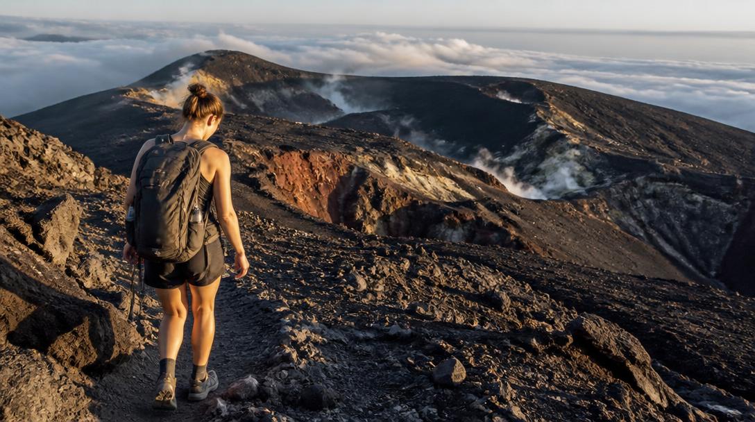 Randonneur sur sentier volcanique aux paysages lunaires