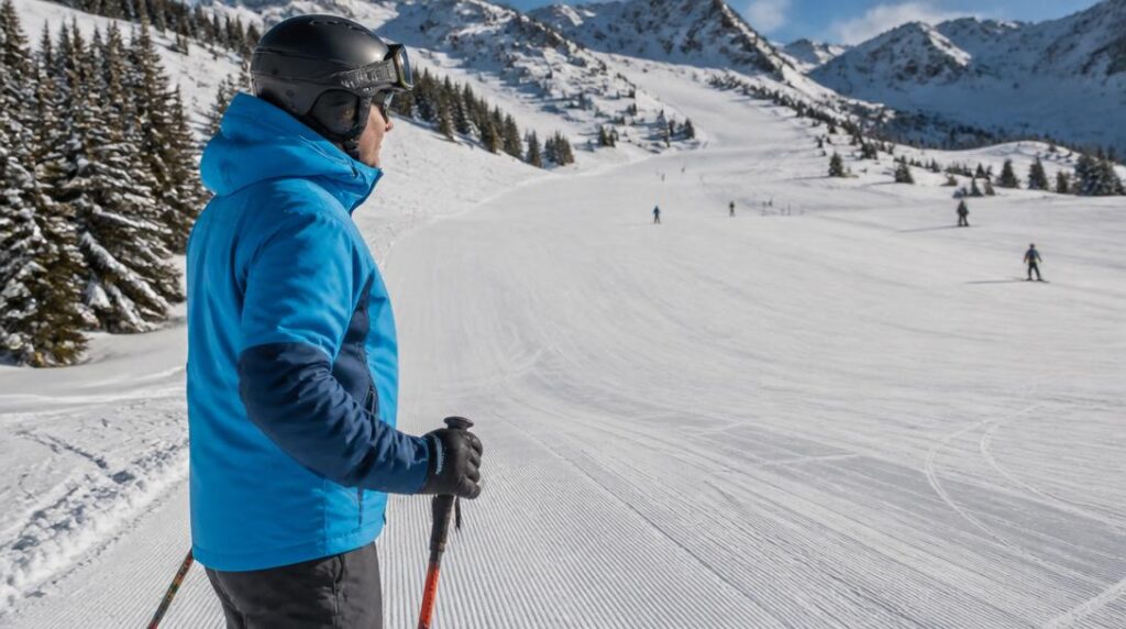 Skieur observant une piste avant de repartir