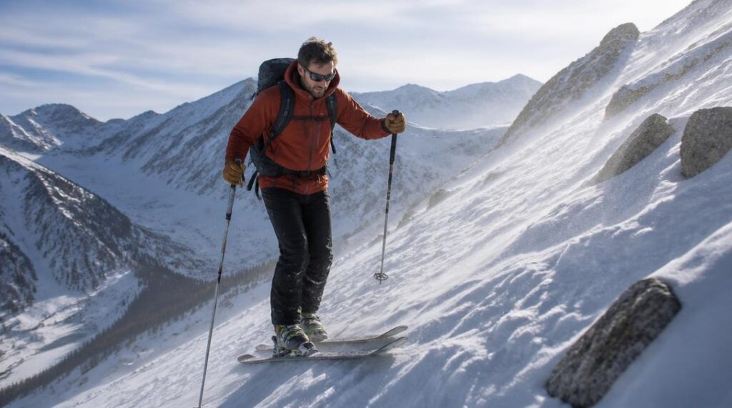 Pratiquant de skimo sur une pente alpine hivernale