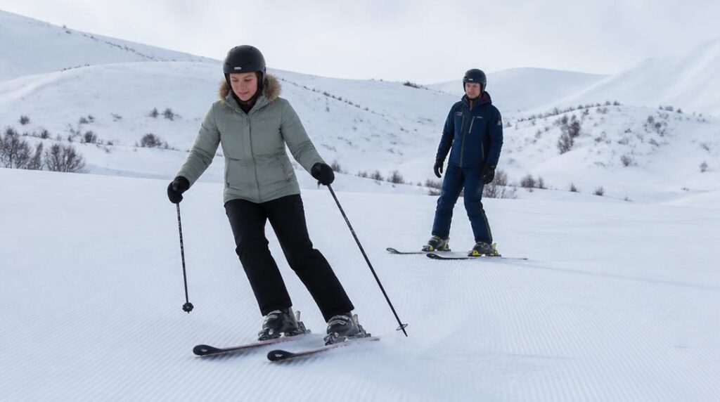 Skieur débutant sur une piste douce enneigée