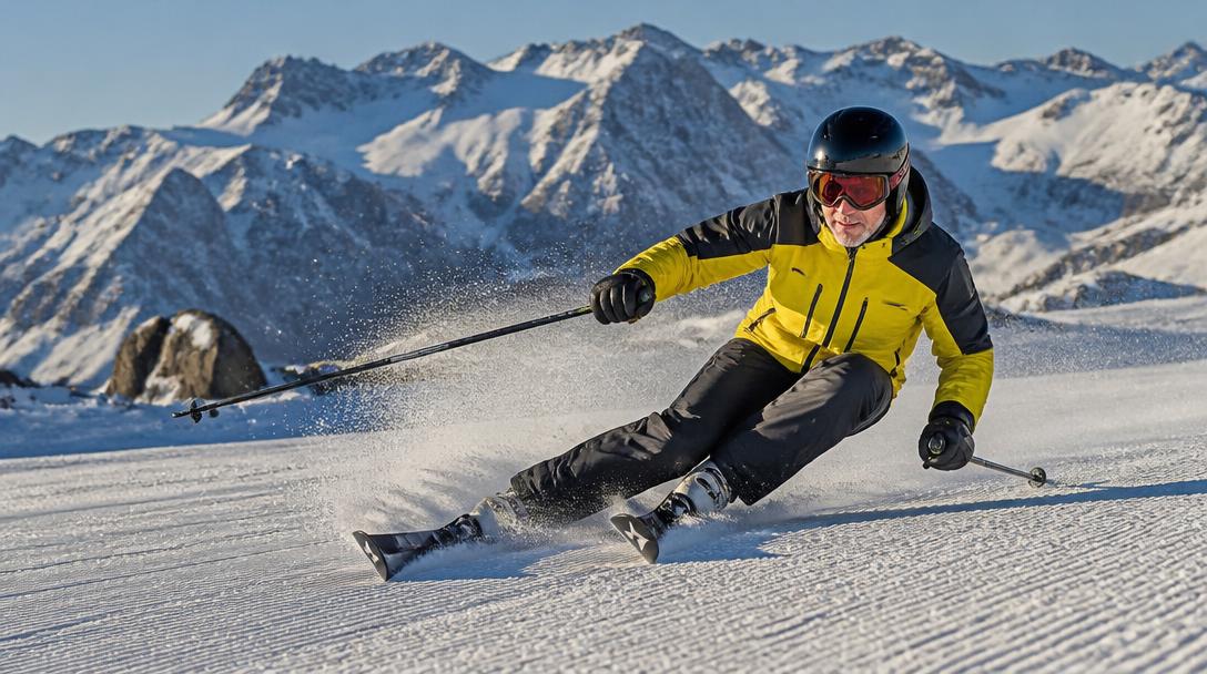 Skieur de ski de descente en virage sur piste