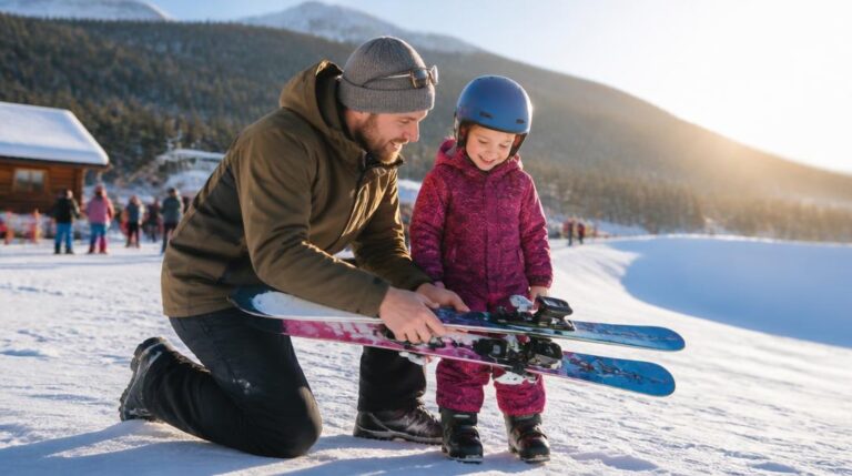 Parent et enfant choisissant un ski enfant