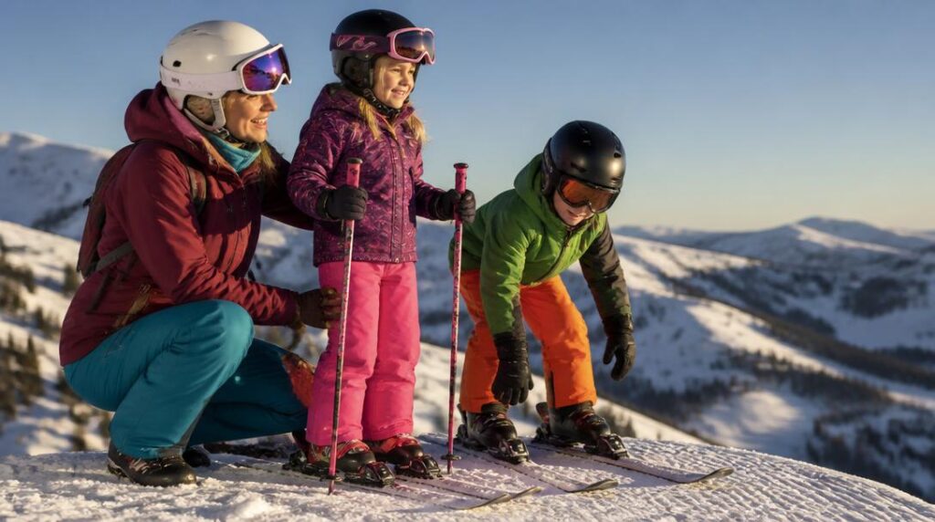Famille prête pour le ski sur piste enneigée