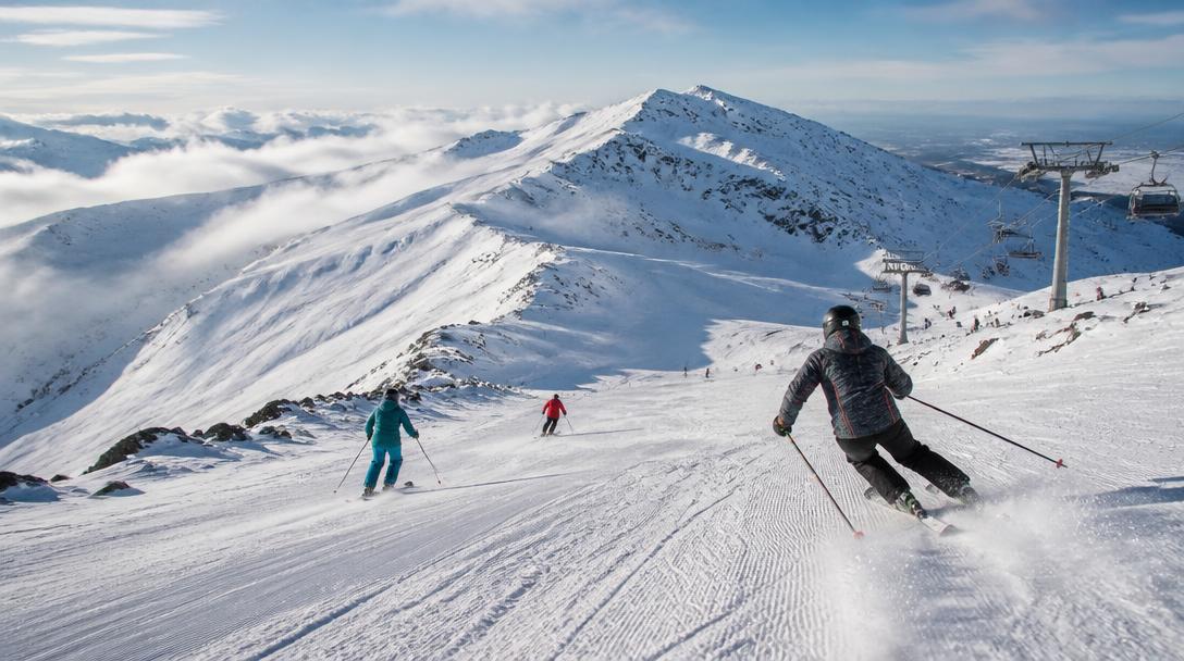 Skieurs sur pistes enneigées de relief volcanique